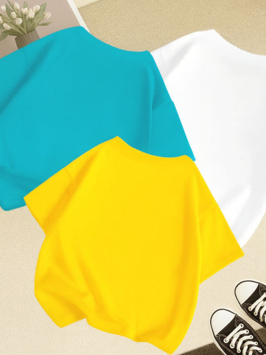 Kids Pack Of 3 Typography Printed Round Neck Drop-Shoulder Sleeves T-shirts