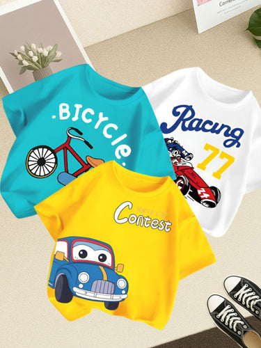 Kids Pack Of 3 Typography Printed Round Neck Drop-Shoulder Sleeves T-shirts
