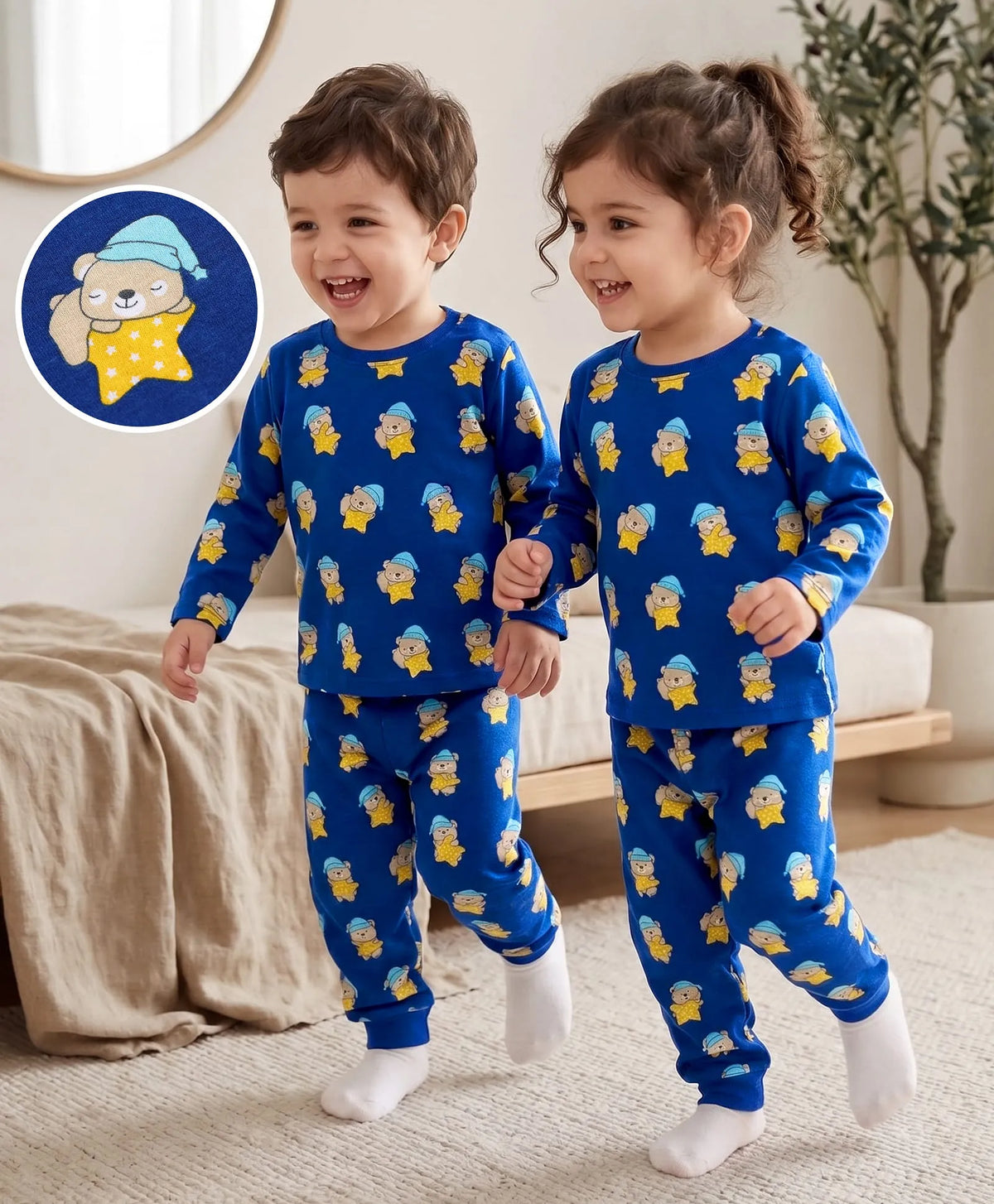 100% Cotton Knit Full Sleeves Co-Ords T-Shirt & Pyjama Night Suit with Bear Print - Navy Blue