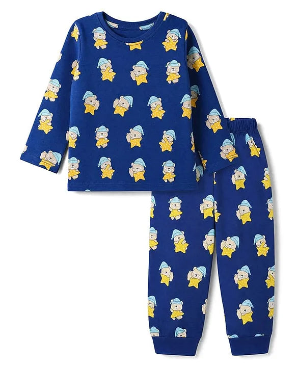 100% Cotton Knit Full Sleeves Co-Ords T-Shirt & Pyjama Night Suit with Bear Print - Navy Blue